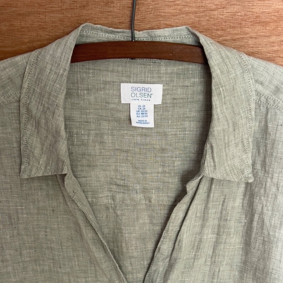Sigrid Olsen 100% linen button up shirt 2X green roll tab sleeves minimalist - Picture 3 of 6